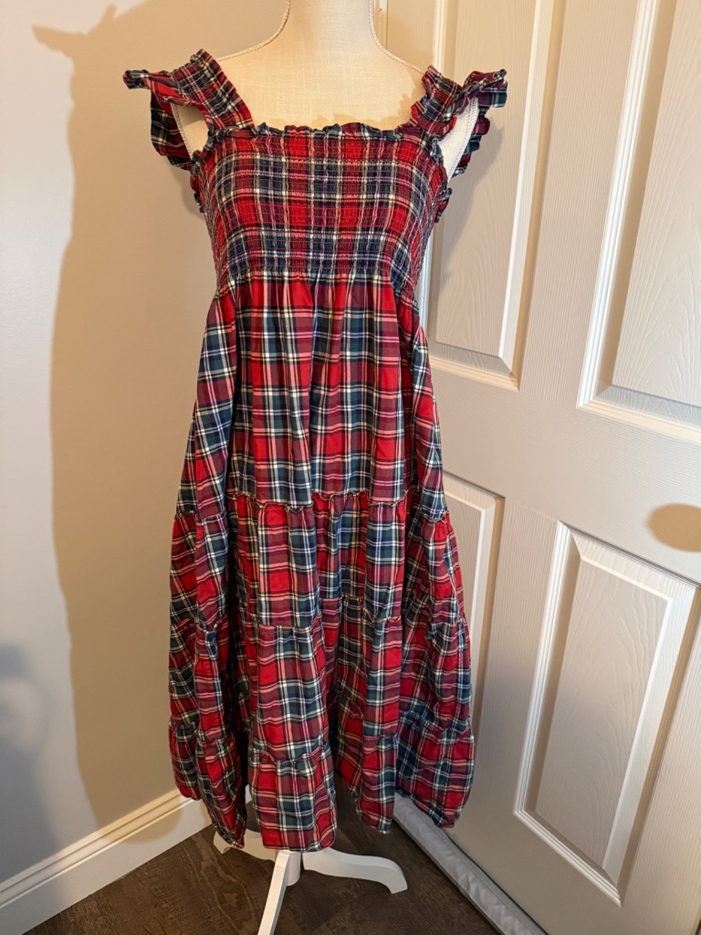 Hill House Plaid Ruffled Nap Dress in Red and Navy